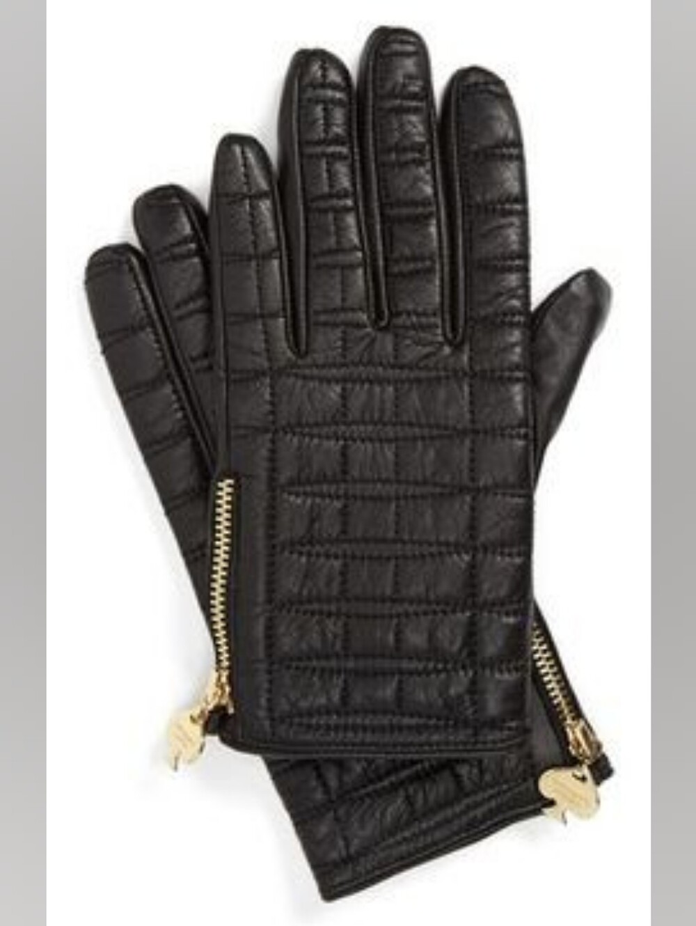 Kate Spade Quilted Leather Gloves with Gold Zipper, Size 6.5